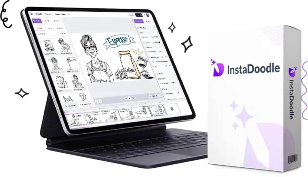 Instadoodle Review showing the AI whiteboard video software dashboard and doodle creation tools